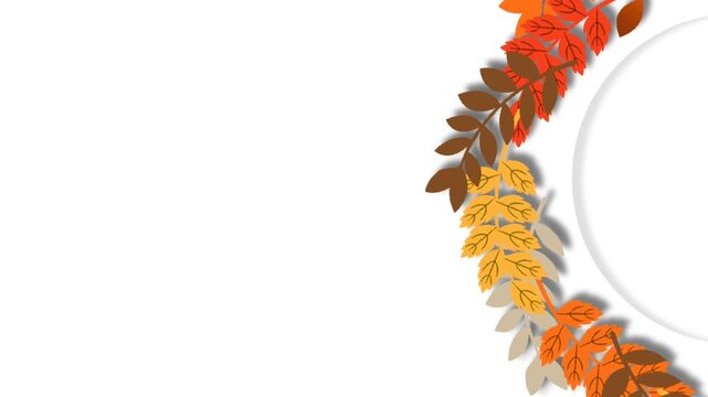Autumn Equinox Leaf Wreath Rotating on White Background with Copy Space.