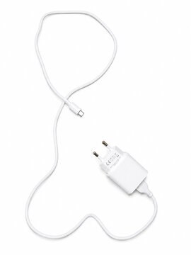 White USB-C Charging Cable and Wall Power Adapter on White Background