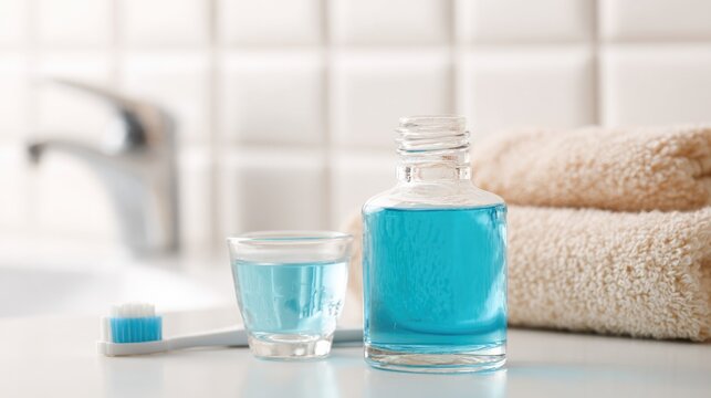 Blue mouthwash in clear glass bottle with small glass cup and toothbrush on white bathroom counter, folded beige towel, oral hygiene concept.