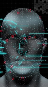 Animation of human head glowing with digital interface security padlock
