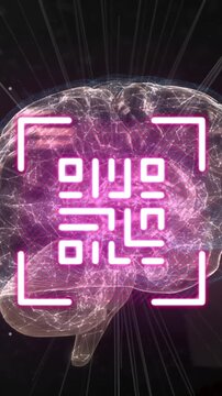 Animation of glowing human brain with qr code digital interface