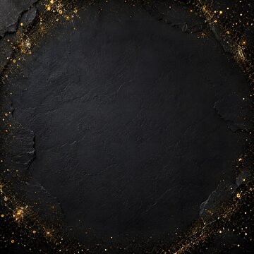 Elegant black slate background with gold glitter frame, dark stone texture with golden sparkles, luxury festive backdrop