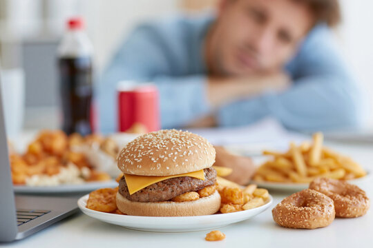 Man rests head on desk, eyes closed. Huge burger, fries, donuts sit nearby. Laptop nearby, soda, and chips add to scene. Dull mood, tired, distracted, or hungry. Perfect for food, lifestyle