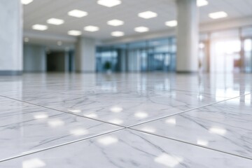 Naklejka premium The Marble Floor Lobby in Bright Modern Atrium with Reflective Tiles