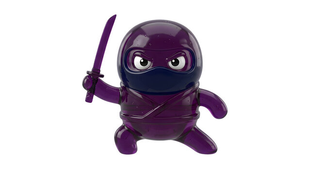 Cute purple ninja toy figure with sword on transparent background