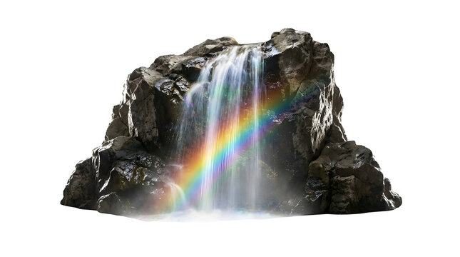 Rainbow waterfall cascading over rocky terrain with vibrant colors.