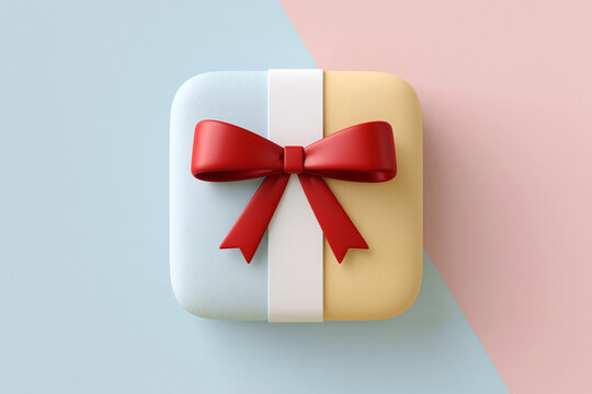 Soft pastel gift box with red ribbon bow. Minimalist background enhances elegant presentation. Ideal for festive, romantic, or celebratory contexts. Sleek design appeals to gift, holiday