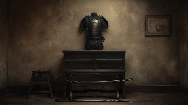 Bushido still life with samurai armor and katana in dark alcove