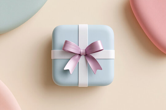 Soft pastel gift box with elegant ribbon bow. Smooth surface suggests luxury and care. Pink and blue tones evoke gentle joy. Ideal for birthdays, anniversaries, or heartfelt gifts