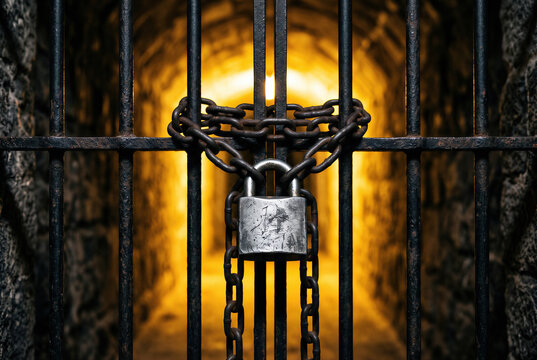 Security padlock and locked chain on iron bars gate of dungeon prison cell with glowing tunnel.