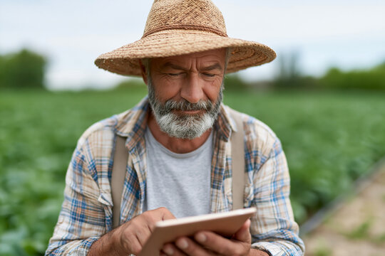 Senior farmer stands in green field, wearing wide-brimmed hat. He holds tablet, focused on data or crop details. His weathered face shows concentration, calm focus