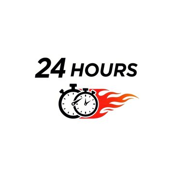 Fiery stopwatch icon with twenty four hours text.