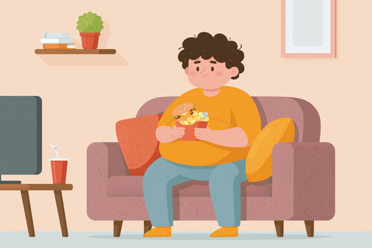 Young man relaxes, eating fast food while watching TV. He holds a burger and drink, seated on a couch. Couch has cushions and a side table with a cup. Shelf above holds a plant and books
