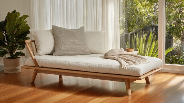 Daybed with white cushions and beige blanket in sunroom with potted palm, home interior concept