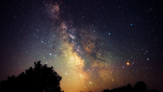 Summer Milky Way stars and landscape scenery silhouettes.