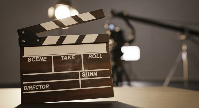 Film production clapperboard on set with camera equipment.