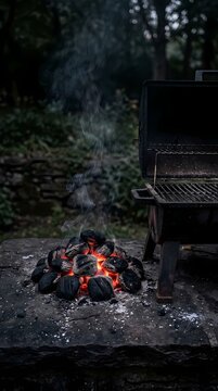 Hot glowing charcoal embers burning in a stone fire pit next to a metal barbecue grill outdoors