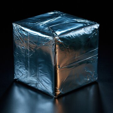 A strikingly lit cube wrapped entirely in shimmering silver and gold foil rests on a dark, reflective surface. 