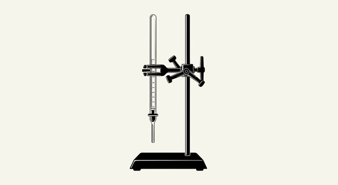 Laboratory burette with stand on white background with black metal stand holding clear glass burette instrument equipment chemistry measuring
