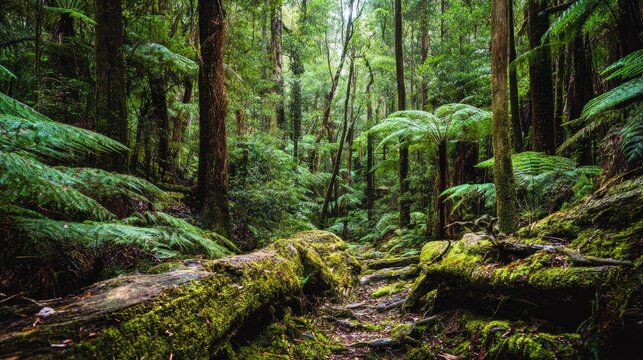 Uncivilized primeval forest floor with ferns and mossy logs