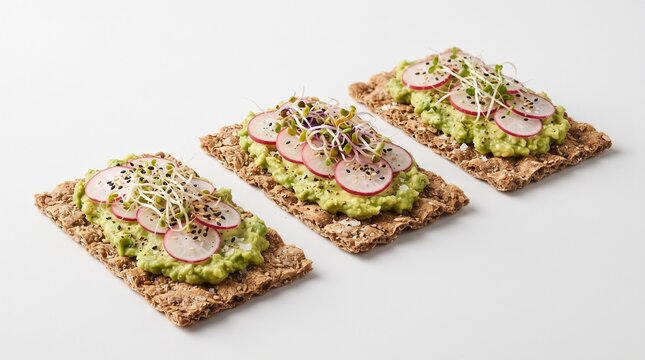 Whole Grain Crispbread with Avocado Radish Sprouts and Sesame Seeds