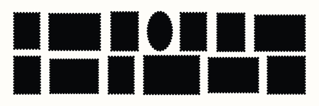 Set of black zigzag frames and shapes. Rectangular wavy edge stamp border elements.