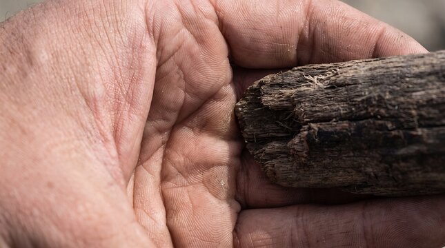 Close up view of rough dark wood texture held in hands showing natural grain and rustic material detail