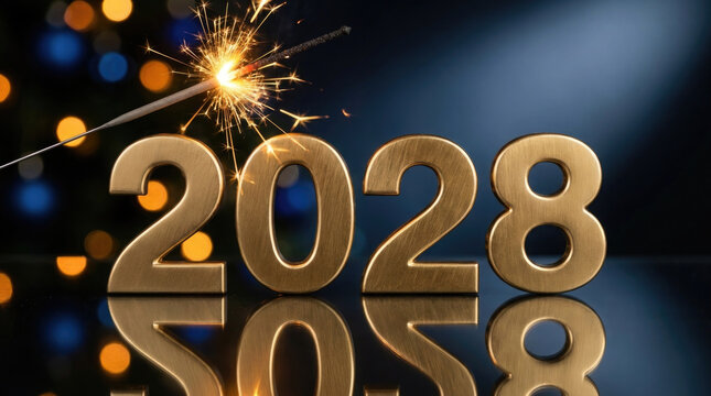 Golden 2028 new year celebration with sparkler and reflective surface