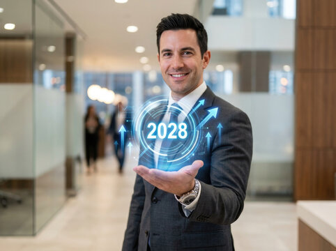 Confident businessman presenting holographic data visualization with upward trending arrows and the year 2028