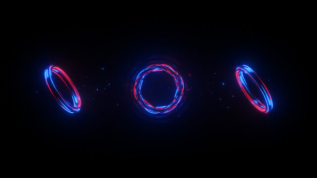 Three circular rings of glowing blue and red light rotating against a solid black background
