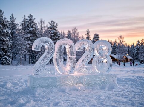 Ice sculpture displaying the year 2028 in a winter landscape with snow and forest
