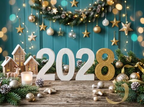 Festive new year 2028 celebration with golden ornaments and winter decor on wooden table