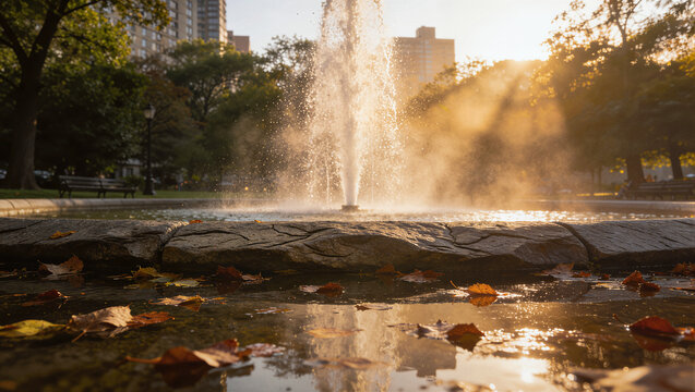 City park fountain with autumn leaves in morning sun