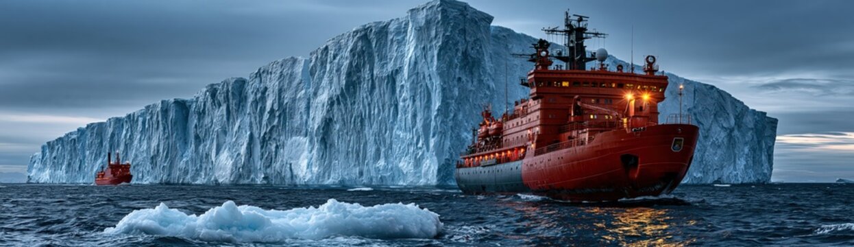Red icebreaker ship sailing near massive glacier in polar ocean waters