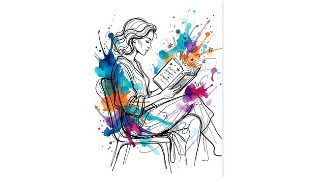 Watercolor illustration of a woman sitting on a chair and reading a book with colorful splashes