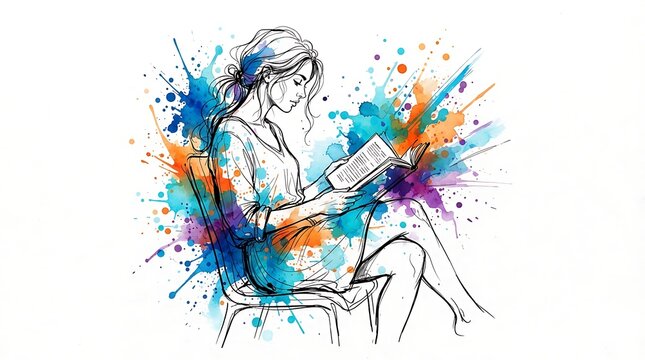 Artistic sketch of a woman reading a book with vibrant watercolor splashes and colorful paint drips on a white background representing imagination
