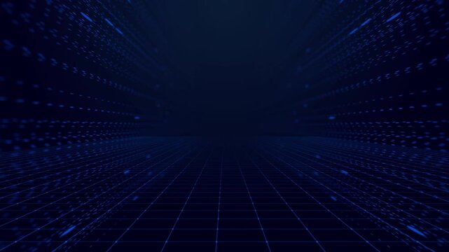 Cyber road technology background with glowing blue grid floor, fast light trails, and dark digital depth for gaming, tech intro, motion design, and data visualization.