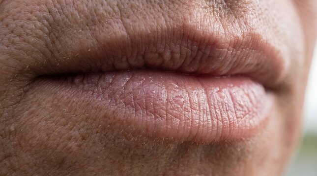 Detailed close up of realistic human lips and facial skin texture showing natural lines and fine pores high resolution beauty shot