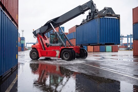 Reach stacker lifting shipping container in busy commercial port yard