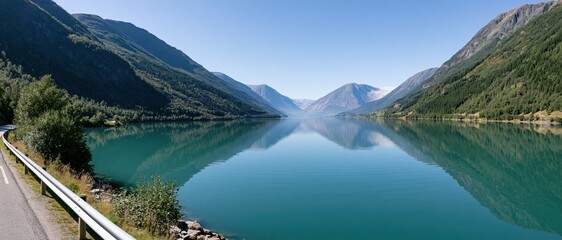 Naklejka premium The Lake Panorama: Alpine Valleys Reflected in Turquoise Water Under Blue Sky