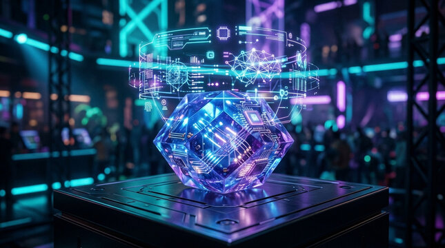 Futuristic neon glowing power core with toroidal holographic data display floating above a metallic pedestal in cyberpunk environment