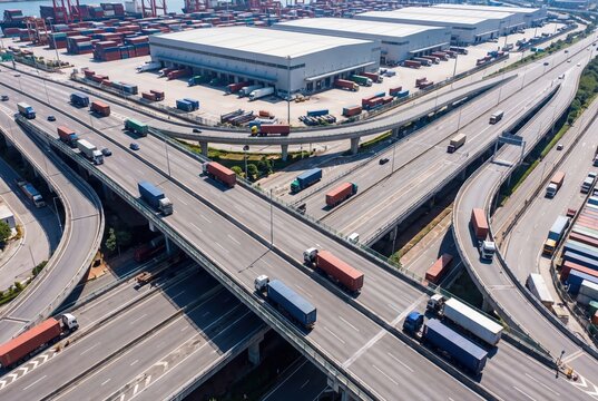 Freight trucks highway interchange logistics hub industrial warehouse