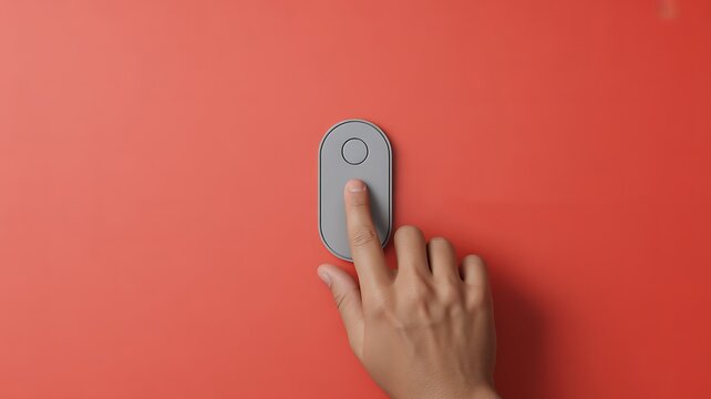 Hand pressing a smart doorbell button on a red wall for home access and security