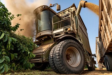 Obraz premium Coffee harvester machine harvesting crop in plantation field at sunset