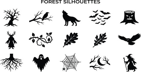 Naklejka premium Haunted forest silhouette icon set with spooky Halloween elements