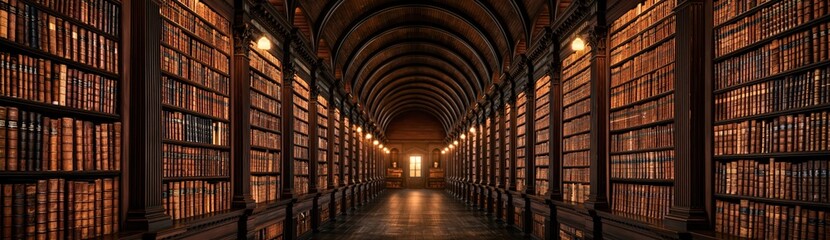 Fototapeta premium Grand vintage library interior with tall bookshelves and warm lighting