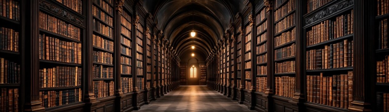 Grand vintage library hall with endless bookshelves and warm lighting