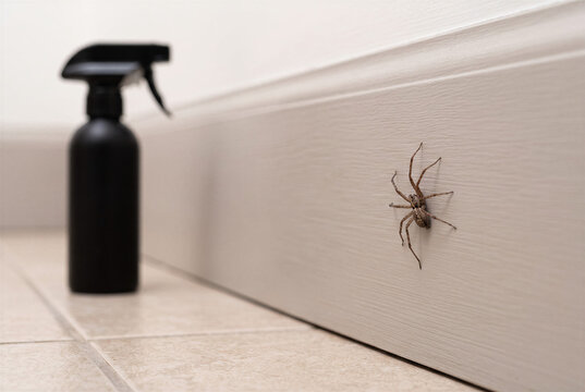 Indoor house pest control spray bottle near spider on wall baseboard, home extermination and insecticide treatment.
