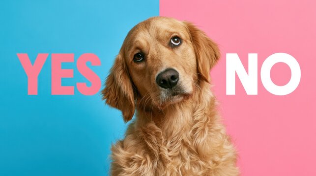 Curious golden retriever dog looking at camera with tilted head between blue and pink background split with bold text yes and no representing choice or decision concept