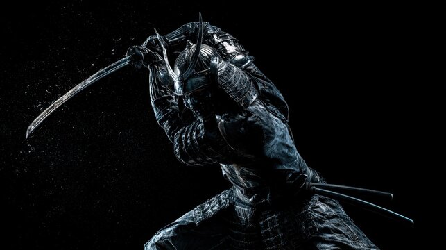 Dark armored warrior in detailed samurai armor holding katana sword in attacking pose with helmet horns and dramatic low key lighting on black background